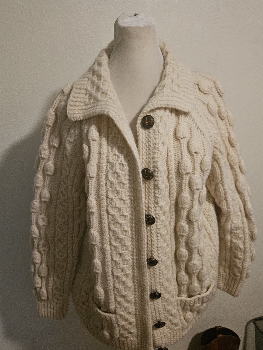 Chunky Knit Button-Up Cardigan - Cream Irish Wool Small HAND KNIT Kathleen Donga